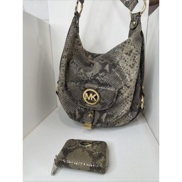 Michael Kors Python Embossed Leather Hobo Shoulder Bag Gold Hardware + Wallet - Picture 1 of 16